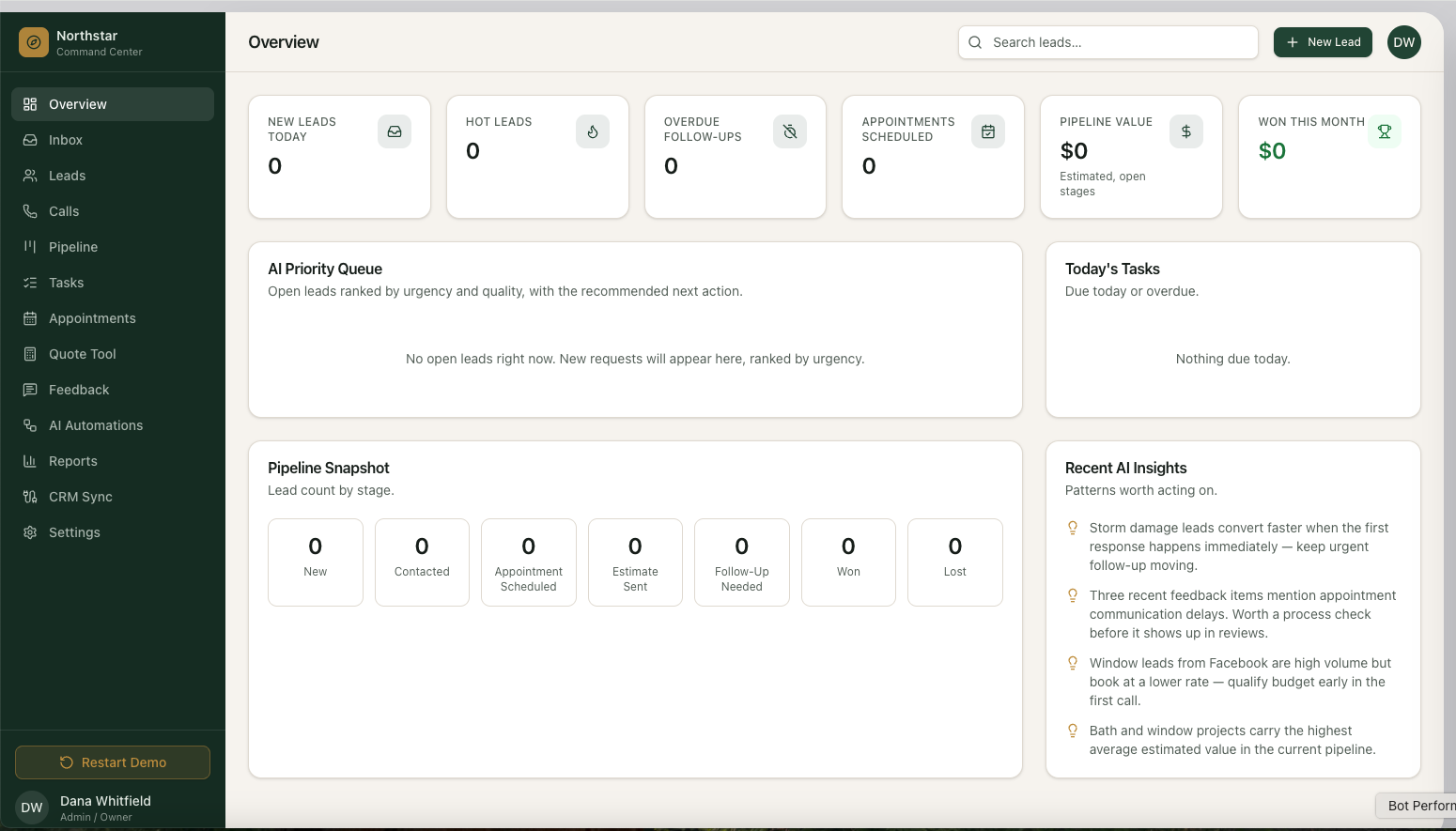 Home-services CRM dashboard with lead pipeline, tasks, AI insights, and business metrics